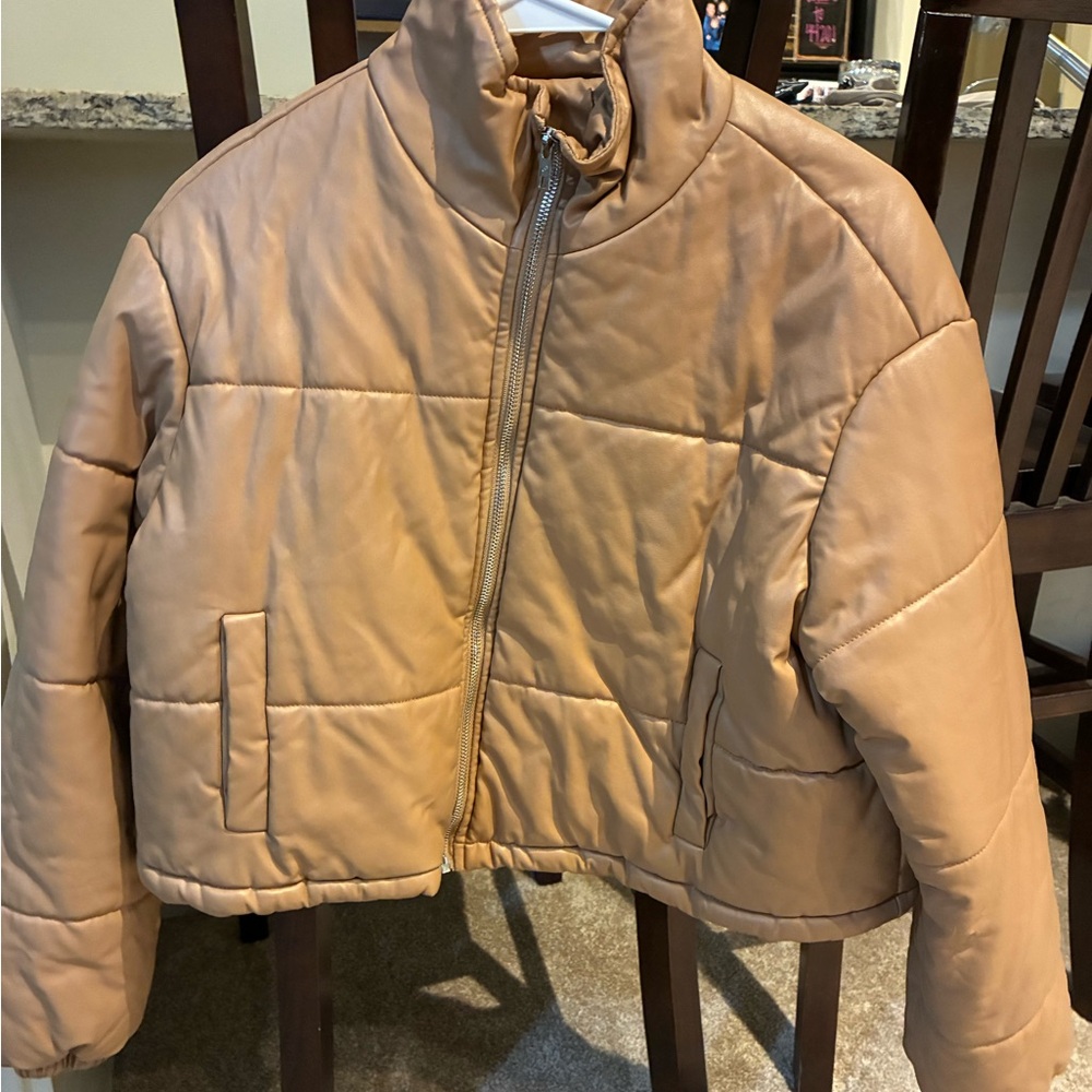 Cropped Puffer Jacket in Tan Faux Leather